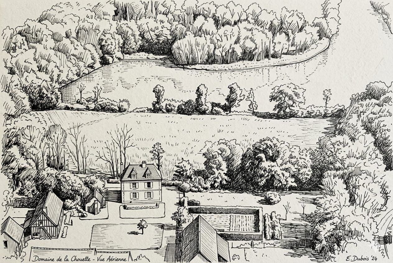 Dessin aérien du Domaine de Vautourneux par E. Dubois, 2024